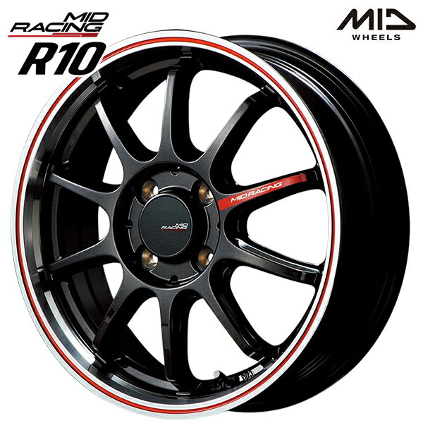 16インチ 6.0J 4H100 +50 MID RMP レーシング R10 クリスタルブラック/リムポリッシュ+レッド アルミホイール単品 1本 4本以上送料無料