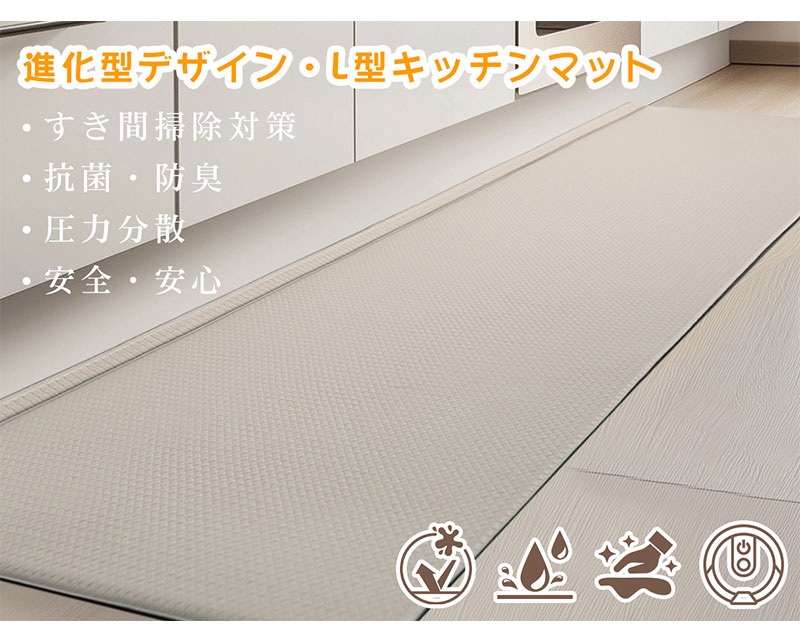 キッチンマット 拭ける 台所マット 6mm 分厚い 低反発 L字-折り目付き 滑り止め 滑らない ふける 北欧 洗える （2枚目）