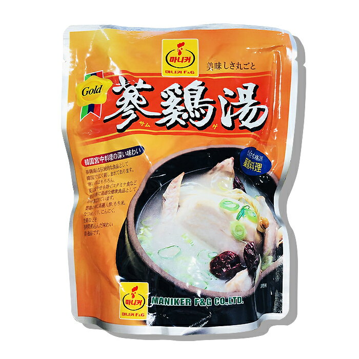 商品説明名称マニカ　参鶏湯　800g 原材料名 鶏肉、もち米、高麗人参、栗、なつめ、チキンスープ（にんにく、タピオカ澱粉、チキンエキス、精製塩、タマネギ、しょうが、調味料、人参粉、精製水） 内容量800g賞味期限裏面の上部に記載保存方法 高温多湿を避け、直射日光の当たらない涼しい場所で保管してください。原産国名韓国輸入者 株式会社韓国広場東京都新宿区歌舞伎町2-31-11 特徴 参鶏湯（サムゲタン）は韓国を代表するスタミナ食品で、若鶏の内臓を取り除き、もち米・にんにくを若鶏の腹に詰め、高麗人参・なつめなどと一緒に煮込んだ料理です。 コラーゲンとたんぱく質がたっぷり含まれています。特に韓国では夏の代表的なスタミナ料理として三伏の時期に食します。 【お召し上がり方】1.熱湯の場合 袋の封は切らずにそのまま沸騰したお湯の中にいれ約15分間加熱してからお召し上がりください。2.電子レンジの場合 袋の封を切り、お鍋に中身を移して必ず電子レンジ用の容器に移し、ラップをかけて約10分間（500Wの場合、600Wは9分）温めてお召し上がり下さい。