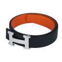 【HERMES】 エルメス Hベルト マルトレ レザーベルト T刻印 32mm サイズ90 ブラック オレンジ シルバー金具 リバーシブル 槌目 【中古】 US...