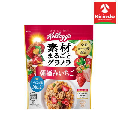 大きくスライスされた朝摘みのいちごは新鮮なままフリーズドライにし、いちご本来の味わいをお楽しみいただけます。さらにレーズンやかぼちゃの種を加え、見た目や食感にもこだわりました。また、精製した穀物より多くの栄養を含む全粒オーツ麦をグラノラ素材の主原料とし、穀物も具材も可能なかぎり手を加えず使用しています。香ばしくて粒揃いのケロッグ自慢のコーンフレークと北欧産の味わい深いオーツ麦を使用したグラノラの味と食感のコントラストをお楽しみいただけます。香ばしく焼き上げたグラノラにハチミツで優しい甘みを加え、朝摘みいちごのさわやかな酸味ですっきりしたグラノラに仕上げました。それぞれの素材まるごとのおいしさをお楽しみいただけるグラノラです。 名称：シリアル 原材料名：シリアル加工品(全粒オーツ麦、全粒小麦、植物油脂、砂糖、シリアルパフ(コーンフラワー、小麦粉、米粉、砂糖、食塩)、小麦シリアルパフ(小麦粉、米粉、砂糖、麦芽粉)、水あめ、オーツパフ、ココナッツパウダー、糖蜜、麦芽エキス、食塩)(ベルギー製造)、シリアルフレーク(コーングリッツ、砂糖、麦芽エキス、食塩、蜂蜜、ぶどう糖果糖液糖)、レーズン加工品(レーズン、植物油脂)、ドライストロベリー、かぼちゃの種/グリセリン、香料、重曹、酸化防止剤(ビタミンE)、乳化剤(大豆由来)、鉄、ピロリン酸鉄、ビタミンB2、ビタミンB6、ビタミンB1、酸味料、葉酸、ビタミンD 内容量：430g アレルゲン情報：小麦、大豆 栄養成分表示：40g当たり エネルギー169kcal、たんぱく質3.1g、脂質4.0g、炭水化物30.8g、糖質28.4g、食物繊維2.4g、食塩相当量0.4g、鉄1.9mg、ビタミンB1 0.32mg、ビタミンB2 0.38mg、ビタミンB6 0.35mg、ビタミンD1.47μg、葉酸65μg 賞味期限：365日(未開封)欄外右上に記載 保存方法：高温多湿の場所を避けて保存してください 製造者/販売者：日本ケロッグ合同会社　東京都千代田区二番町3-5　麹町三葉ビル ●メーカー：日本ケロッグ合同会社〒102-0084 東京都千代田区二番町3-5　麹町三葉ビルお客様相談室　0120-500209（通話料無料）●区分：お菓子広告文責：(株)キリン堂078-413-1055