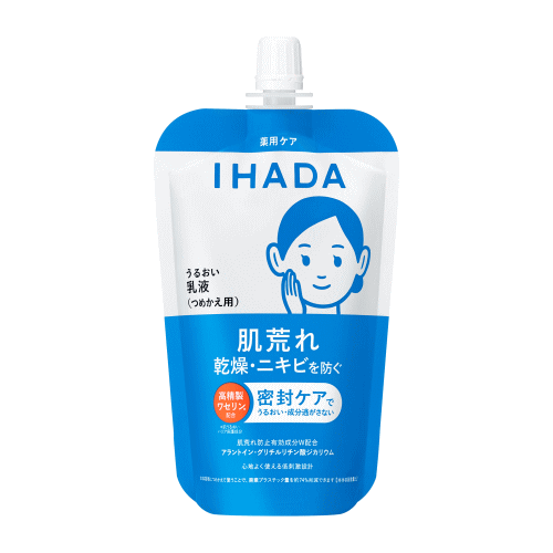 肌荒れを予防する薬用エマルジョン 朝晩なじませるだけで肌荒れ・乾燥・ニキビを予防し繰り返しにくい肌へ。 薬用うるおいエマルジョン。うるおいと成分を閉じ込める高精製ワセリン*配合。 Wの肌荒れ防止有効成分配合。 角層うるおいバリア処方で肌に素早くなじみ、やわらかですこやかな角層に。 *肌うるおいバリア保護成分 ＜肌が敏感な時も毎日使える処方設計＞ ○弱酸性　○無香料　○無着色　○アルコール（エタノール）無添加 ○パラベン（防腐剤）無添加　○厳選された原料を使用 〇ノンコメドジェニック・アレルギーテスト済み 　（全ての方にニキビができない、また、アレルギーが起きないわけではありません。） 【使用方法】 ●朝・夜の化粧水の後、手のひらに適量をとり、顔全体にやさしくなじませます。 ＜つめかえ方＞ （1）本体容器のキャップは下の部分をもち、まわしてはずしておく。 （2）そそぎ口のつけ根部分をしっかりおさえながらキャップをはずす。 （3）そそぎ口を本体容器にしっかり差し込み、そのままゆっくり中味を入れる。 　　※中味の飛び出しにご注意ください。 （4）本体容器にキャップを差し込んでしっかりしめる。 　　※必ず、イハダ 薬用うるおいエマルジョンの本体容器につめかえてから、ご使用ください。 【使用上の注意】 飲み物ではありません。誤飲などを防ぐため、保管場所にご注意ください。 ◇水道水や他の商品と混ぜないでください。 ◇雑菌が入るのを防ぐため、空の容器は洗わずにそのままご使用ください。 ◇つめかえる容器の中味を使い切ってから、そのまま全量をつめかえてください。 ◇つめかえ後は、袋の下部の製造記号（英数字）を控えておいてください。 　お問い合わせの際に必要な場合があります。 ◇本体容器のキャップがきちんと閉まらなくなった場合は、本体ごとお求めください。 ◇衛生的にお使いいただくため、2～3回つめかえた後、新しい本体容器に 　お取替えいただくことをおすすめします。 ◇乳幼児の手の届かないところに置いてください。 ◇日のあたるところや高温のところに置かないでください。 ◇製品性質上、色の見え方に差が生じることがありますが、使用性に問題ありません。 ※必ず、イハダ 薬用うるおいエマルジョンの本体容器につめかえてから、ご使用ください。 【全成分表示】 アラントイン*,グリチルリチン酸ジカリウム*,精製水,1，3−ブチレングリコール,濃グリセリン,α−オレフィンオリゴマー,ジプロピレングリコール,トリ2−エチルヘキサン酸グリセリル,ワセリン,イソステアリン酸ポリオキシエチレングリセリル,モノステアリン酸ポリオキシエチレングリセリル,ベヘニルアルコール,架橋型N，N−ジメチルアクリルアミド−2−アクリルアミド−2−メチルプロパンスルホン酸ナトリウム共重合体,バチルアルコール,ポリオキシエチレン（17）ポリオキシプロピレン（4）ジメチルエーテル,キサンタンガム,クエン酸ナトリウム,クエン酸,N−ラウロイル−L−グルタミン酸ジ（フィトステリル・2−オクチルドデシル）,メタリン酸ナトリウム,D−グルタミン酸,ワレモコウエキス,塩化カルシウム,塩化マグネシウム,L−グルタミン酸ナトリウム,DL−ピロリドンカルボン酸ナトリウム液,フェノキシエタノール *は「有効成分」無表示は「その他の成分」 ●メーカー：資生堂　〒104-0061　東京都中央区銀座七丁目5番5号　03-3573-6673●区分：医薬部外品●原産国：日本●広告文責：(株)キリン堂　078-413-1055