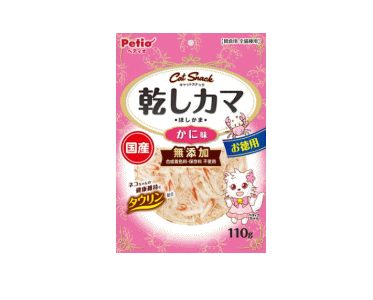 カマボコにかにとタウリンをプラスした体にうれしいスナック！旨味たっぷり！食いつき抜群！風味豊かで旨味たっぷりなかに入り！ネコちゃんの必須栄養素タウリン配合で健康に配慮しました。合成着色料・保存料不使用。 ・原材料：魚介類（白身魚・かに）、でんぷん類、食塩、植物性油脂、ソルビトール、調味料( アミノ酸等) 、着色料（紅麹・クチナシ）、タウリン ・用途：間食 ・年齢：6か月～ ・カロリー(100g当たり)：326Kcal