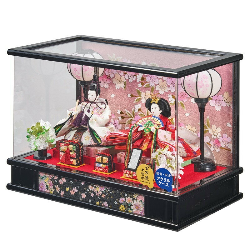 雛人形 ケース飾り 綾香 豆 親王飾り 幅42cm 黒塗り アクリルケース ブラック 電気入雪洞付 2人 ケース入り ひな人形