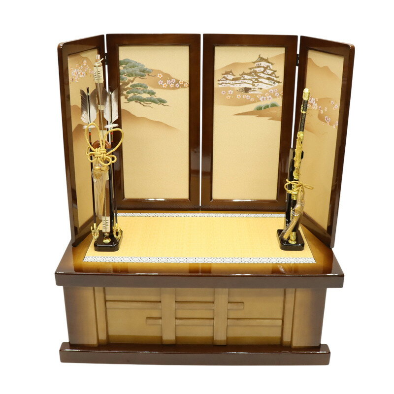 アウトレット品 五月人形 台屏風セット 27×1-20 華城 高床台 二曲一双屏風 弓太刀付 幅81cm (25a-ya-0409) インテリア ディスプレイ 見切処分品