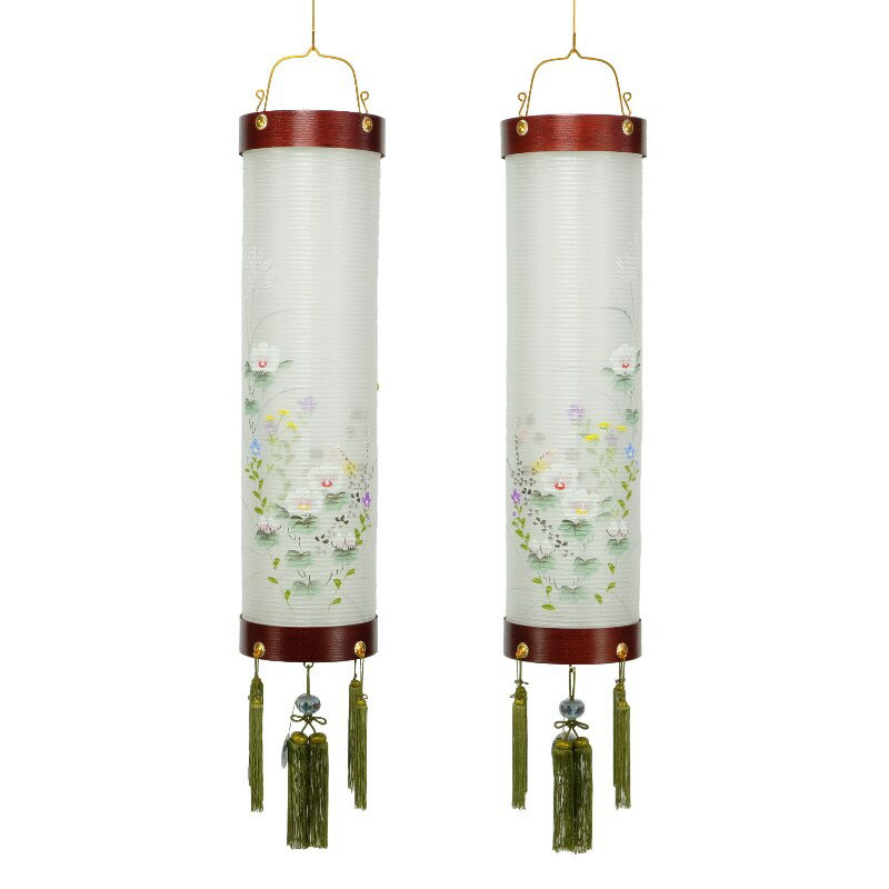 盆提灯 八女提灯 吊り提灯 住吉 美吉野絹二重対絵 （2個セット） 8号 長さ140cm （P21)(8231-08339w) 電気コード式 初盆 お盆