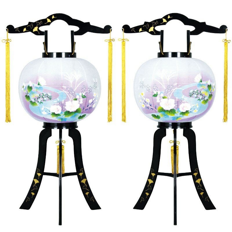 盆提灯 八女提灯 置き提灯 行灯 廻転灯 あかり銀杏蒔絵対絵（2個セット） 11号 高さ80cm （P38)(8605-11713) 電気コード式 初盆 お盆