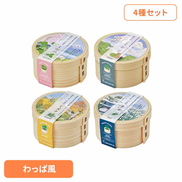 【4種セット】猫富士わっぱ 栽培キット 栽培セット 三つ葉 しそ 水菜 ネギ 葱 聖新陶芸