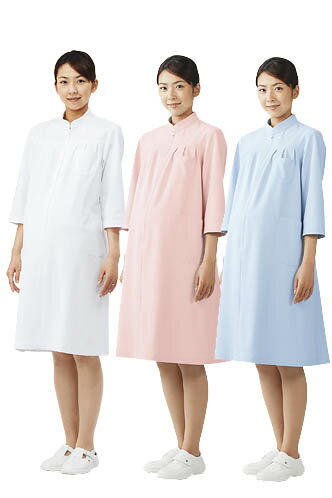 マタニティ/妊婦用 ナースワンピース（七分袖）白衣 医療白/ピンク/サックス