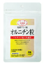 発酵力で生まれた「オルニチン」を 1粒中にシジミ約450個相当量を配合！！ 「オルニチン」はシジミに比較的多く含まれるアミノ酸の一種。 味噌やヨーグルトと同じ発酵法を利用した「オルニチン」に、パントテン酸やビタミンB1、微量ミネラルを配合した健康補助食品です。 ■このような方に ●飲酒・喫煙・ストレス過多に ●更年期や壮年期の活力維持に ■目安：4粒 ■成分配合量 内容成分及びその含有量　4粒（1.32g）当たり オルニチン・・・800mg アルギニン・・・120mg 栄養成分及びその含有量　4粒（1.32g）当たり エネルギー・・・5Kcal たんぱく質・・・1.30g 脂質・・・0.02g 炭水化物・・・0.28g ナトリウム・・・0.01mg パントテン酸・・・7mg ビタミンB1・・・1.8mg 鉄・・・3μg カリウム・・・0.01g リン・・・1mg以下