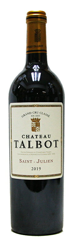 ボディ ライト フル 味わい 辛口 甘口 タイプ 果実味 渋味 CHATEAU TALBOT SAINT JULIEN 生産国 　フランス　ボルドー 容量 　750ml 生産地 　サン・ジュリアン 第4級 ヴィンテージ 　2019年 種類 　スティルワイン 2022年ワイン・スペクテーターTOP100　第4位 シャトー・タルボの名前は、1453年のカスティヨンの戦いに破れたイギリス軍指揮官、シュースベリー伯ジョン・トールボットにちなんだものです。 CH．グリュオー・ラローズの近くにあるサン・ジュリアン村の第4級格付けシャトー。 ヴィンテージに左右されない安定感とひかえめな価格で、長年のボルドーファンからの高い支持を得ています。 華やかなベリーとハーブの香りが特徴的で、熟した果実の味わいとしっかりとした骨格を備えており、クラシックなボルドースタイルがお好みの方におすすめしたいシャトーです。 &quot;4級格付けながら、現在、3級クラスと同等の評価を得ている人気のタルボ&quot; 素晴らしい収穫条件が整った2019年のボルドー地方。 昼夜の寒暖差がブドウに鮮度をもたらし、恵みの雨がブドウの過熟を防ぎ完熟を助け、テロワールに祝福されたヴィンテージとなりました。 凝縮したブドウより生み出されたワインは、ボルドーらしい品格に、生き生きとした鮮度が加わった驚くべきバランスを兼備。 クラシック＆モダンが融合したような新たな魅力をもつワインが数多く誕生した、比類なきグレートヴィンテージです。 コミック『神の雫』6巻で登場したシャトーで、当店でも人気となっているワインです。 カシスやプラム、ブラックチェリーなどの濃厚な果実のアロマに、赤バラやシダーなどのニュアンスが折り重なります。 口に含むとシルキーなタンニンが滑らかな舌触りを演出し、口内を満たすピュアな果実味が魅力。 綺麗な酸味がワインの印象を引き締め、タバコやフローラルな風味が余韻として長く続きます。 そのコストパフォーマンスの高さ、話題性、どちらにおいても申し分のないシャトーです♪ ぶどう品種 (セパージュ) カベルネ・ソーヴィニヨン69％ 、メルロ26％ 、プティ・ヴェルド5％