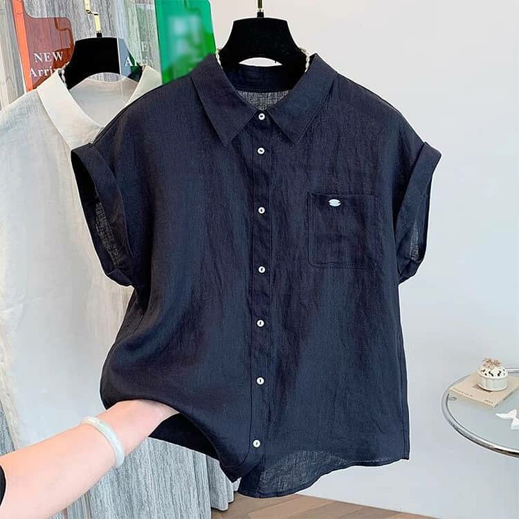 ケイツーショップ楽天市場店のフレンチスリーブ シャツ ブラウス レディース シャツ襟 ノースリーブ トップス 綿麻風 薄手 通気性 無地 シンプル おしゃれ 通勤 オフィス カジュアル きれいめ 体型カバー｜アングル3