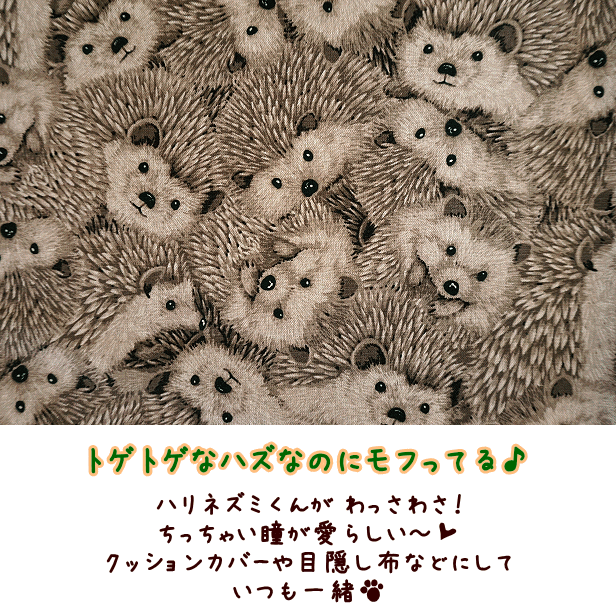 綿麻 キャンバス 生地 ハリネズミ 密集柄 はりねずみ 柄 もふもふ ぎゅうぎゅう 密集 かわいい アニマル 動物 プリント生地 綿 布 手芸 k2craft-10006183 手芸レースのフェアリーレース サンプル画像3