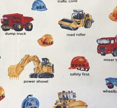 ツイル 生地 工事車両 男の子 おしゃれ レッスンバッグ生地 手芸 通園 通学 入園 入学 車 自動車 かっこいい ダンプカー ロードローラー パワーショベル ミキサー車 トラック車 特殊車両 はたらく車 乗り物のサムネイル