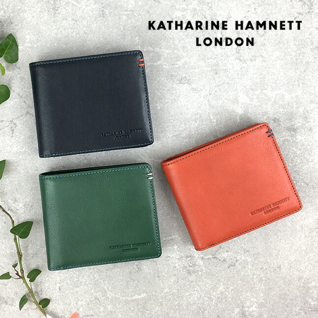 乐天商城 - 財布 メンズ 二つ折り財布 ブランド 革 490-50701 KATHARINE HAMNETT （キャサリンハムネット） 牛革 本革 レザー 2つ折り メンズ財布 BOX小銭入れ お洒落 男性 女性 小物 おしゃれ かっこいい 黒 緑 橙 型押し 誕生日 ギフト プレゼント