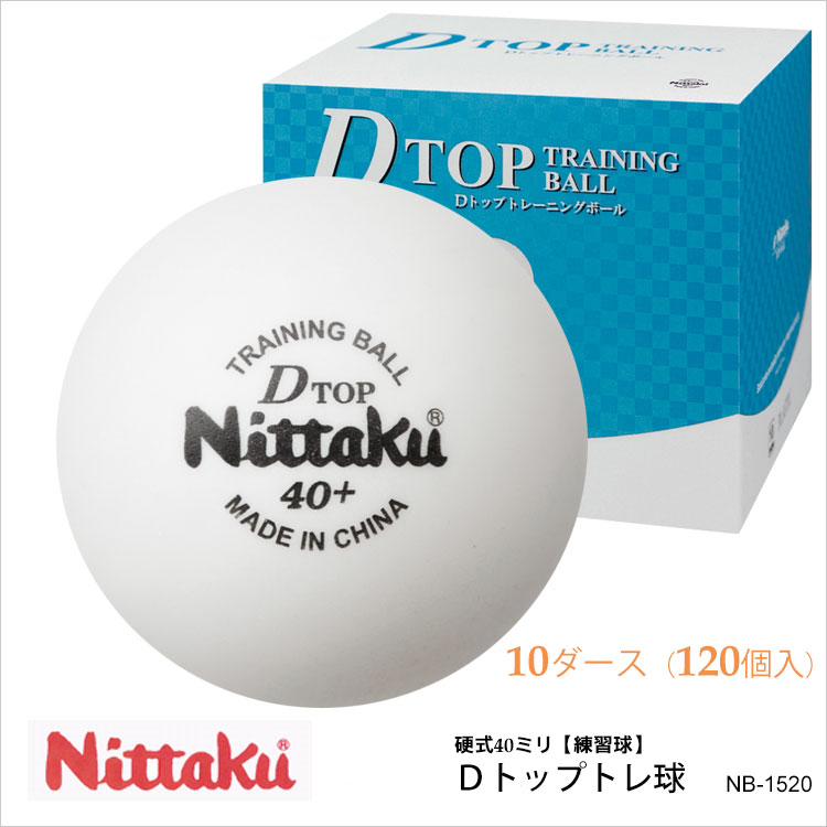 Nittaku NB-1520（10ダース）Dトップトレ球 予算にうれしい練習球。「ボールを沢山使って練習したい」「予算も限られてるから」そんな声にお答えします。少ない時間で効率的な練習をするために、多球練習を取り入れましょう。卓球ロボットでの練習にも適しています。 ・商品スペック サイズ 硬式40mm 素材 プラスチック 仕様 ■10ダース（120個入） ■練習球 ■カラー：白 ・ご注意事項 ※お取り寄せ品のためご注文確定後のキャンセルや商品の返品/交換はお断りをさせて頂いております（初期不良品を除く）。恐れ入りますがご了承の上お買い求めください。また、万が一の欠品の際はご容赦ください。 ※お使いのモニターやデバイスの調整により、画面上の色と若干の違いが感じられる場合がございます。あらかじめご了承下さい。 ※他の商品と同時に御注文された場合に、それぞれ別送となる場合がございます（一部商品のみ出荷倉庫が異なるため。追加送料はかかりませんのでご安心ください）。　