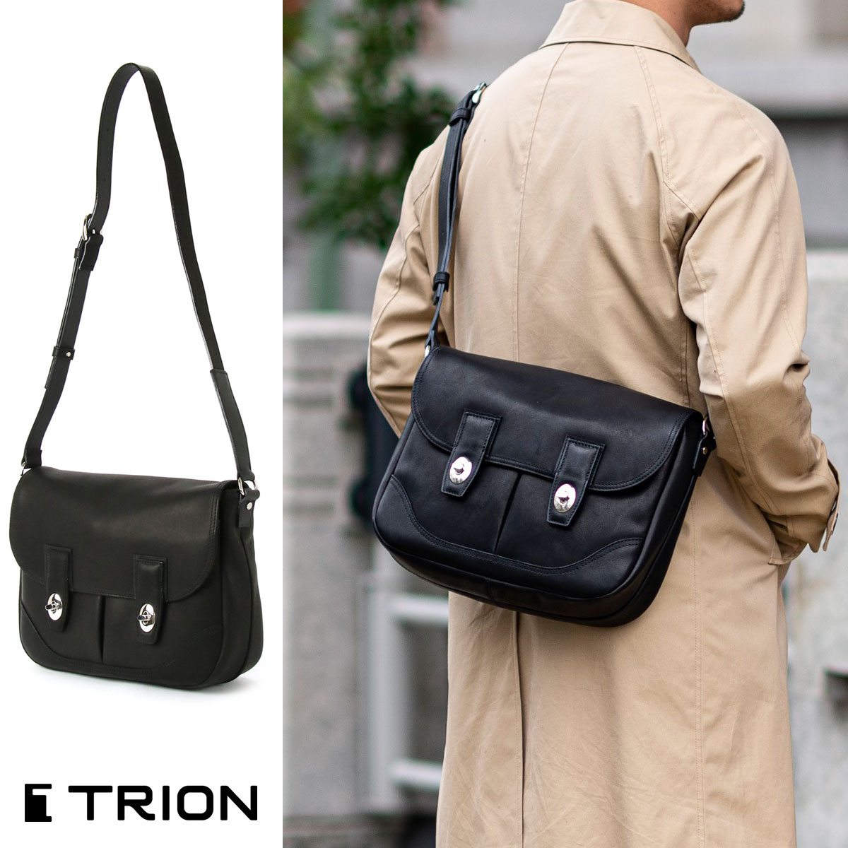 [TRION JP21906 BLACK]ショルダーバッグ ボディバッグ トライオン ブラック DAILY ダブルターンロックショルダーバッグ／B5用紙サイズ対応 グローブレザー 革 本革 ブランド メンズ 送料無料 SALE セール