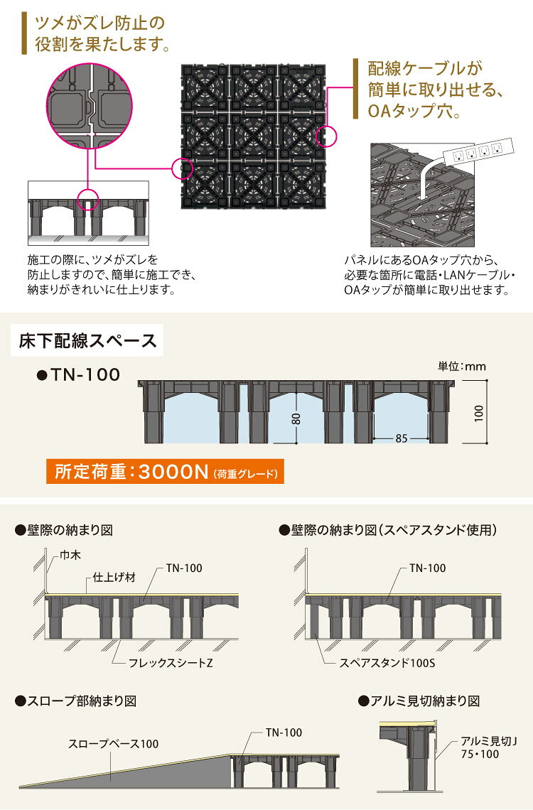 カベコレ・壁紙コレクションのフクビ OAフロア TN-100 置敷タイプ 500×500×H100mm 床高100mm クリーンOAフロア TNシリーズ パネル TN100（299744）［4枚入り（1平米）］｜アングル3