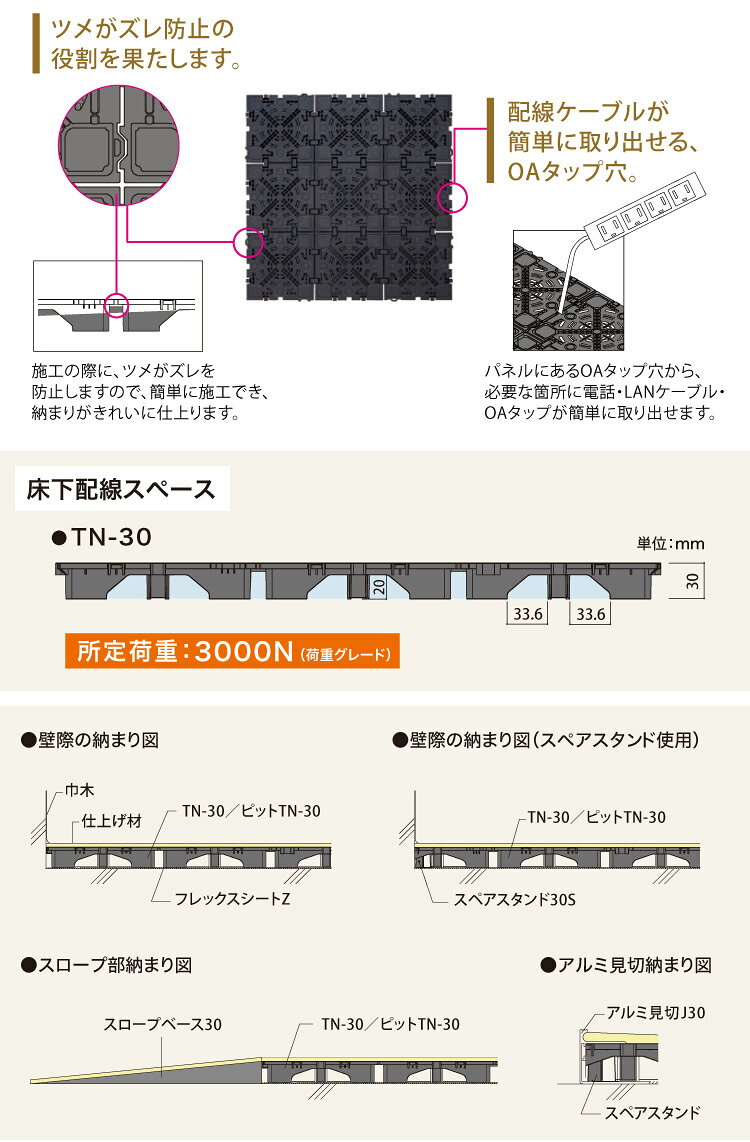 カベコレ・壁紙コレクションのフクビ OAフロア TN-30 置敷タイプ 500×500×H30mm 床高30mm クリーンOAフロア TNシリーズ パネル TN30［4枚入り（1平米）］｜アングル3