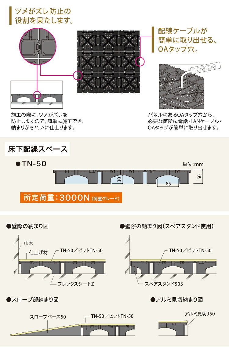 カベコレ・壁紙コレクションのフクビ OAフロア TN-50 置敷タイプ 500×500×H50mm 床高50mm クリーンOAフロア TNシリーズ パネル TN50［4枚入り（1平米）］｜アングル3