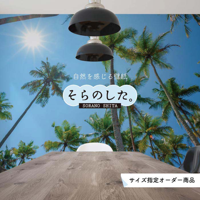 乐天商城 - 【オーダー壁紙】 壁紙 ヤシの木 海 写真 おしゃれ 南国風 ハワイアン ビーチ リゾート 海岸 貼りやすい 防カビ 日本製 国産 リメイク 模様替え 店舗 天井 部屋 寝室 キッチン リビング トイレ 風景 景色 ブルー かべがみはるこ そらのした。