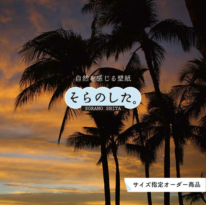 Rakuten - 【オーダー壁紙】 壁紙 ヤシの木 海 写真 おしゃれ 南国風 ハワイアン ビーチ リゾート 夕日 シルエット ロマンチック 貼りやすい 防カビ 日本製 国産 リメイク 模様替え 店舗 天井 部屋 寝室 キッチン リビング トイレ 風景 景色 オレンジ かべがみはるこ そらのした。