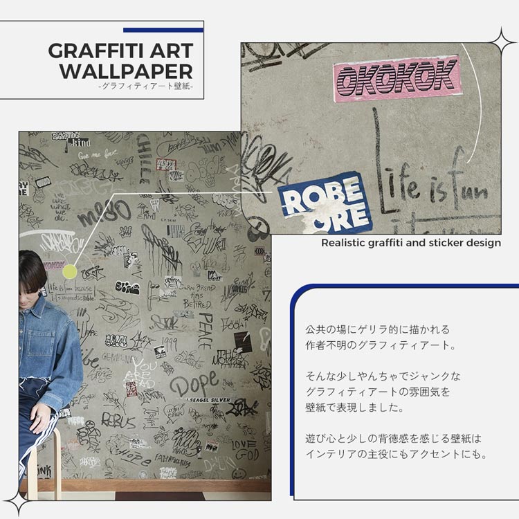 【全品対象クーポン配布中】はがせるフリース壁紙 のりなしタイプ 賃貸 クロス 2.5m 3m サンプル グラフィティアート コンクリート インテリア 部屋 ヴィンテージ 自分で 簡単に 張り替え おしゃれ に DIY 壁紙屋本舗 WALLN