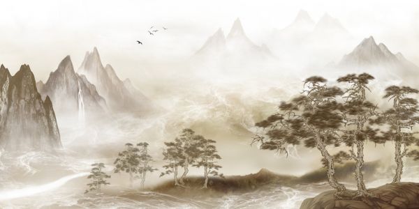 山 松 霧 水墨画 日本風 中国風の壁紙 輸入 カスタム壁紙 PHOTOWALL / Zen Landscape (e318731) 貼ってはがせるフリース壁紙(不織布) 【海外取り寄せのため1カ月程度でお届け】 【代引き不可】