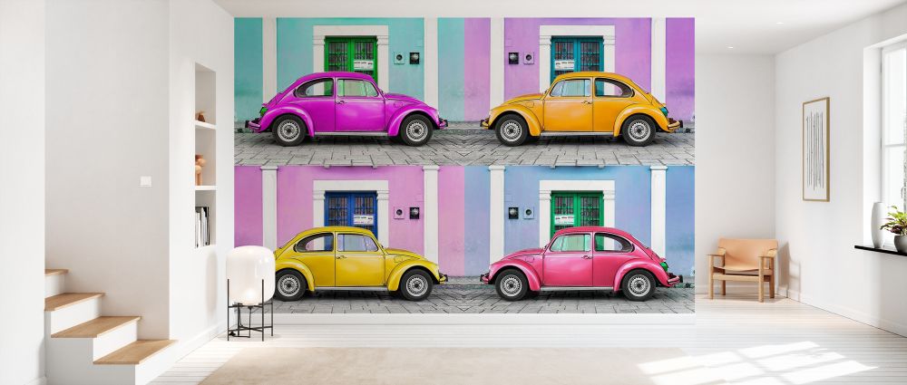 フォルクスワーゲン 車 ビートル カラフルの壁紙 輸入 カスタム壁紙 PHOTOWALL / Viva Mexico - Four VW Beetle Cars (e328610) 貼ってはがせるフリース壁紙(不織布) 【海外取り寄せのため1カ月程度でお届け】 【代引き・後払い不可】