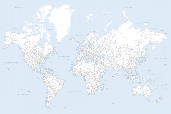 世界地図 マップ 水色 ブルー シンプルの壁紙 輸入 カスタム壁紙 輸入壁紙 カスタム壁紙 PHOTOWALL / World Map with Cities XX (e331261) 貼ってはがせるフリース壁紙(不織布)  