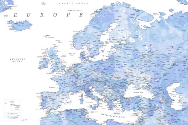 世界地図 ワールドマップ ヨーロッパ 勉強 青 ブルーの壁紙 輸入 カスタム壁紙 輸入壁紙 カスタム壁紙 PHOTOWALL / Blue Watercolor Detailed Map of Europe (e84213) 貼ってはがせるフリース壁紙(不織布)  