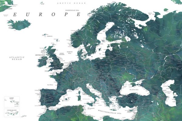 世界地図 ワールドマップ ヨーロッパ 緑 グリーンの壁紙 輸入 カスタム壁紙 輸入壁紙 カスタム壁紙 PHOTOWALL / Teal Detailed Map of Europe (e84363) 貼ってはがせるフリース壁紙(不織布)  