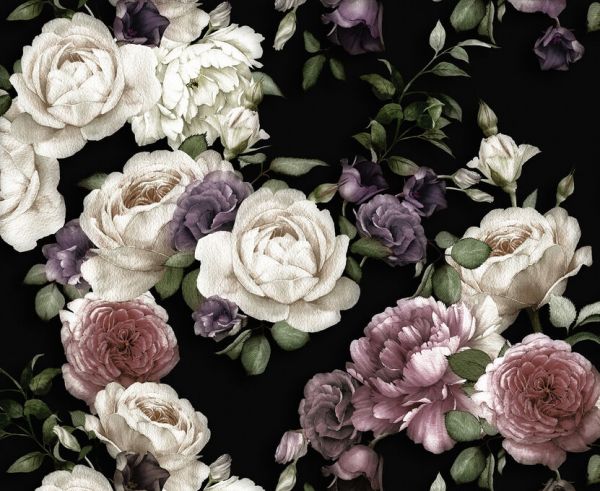 花 バラ クラシックの壁紙 輸入 カスタム壁紙 PHOTOWALL / Pink and Lilac Roses on Black Background (e337732) 貼ってはがせるフリース壁紙(不織布)  
