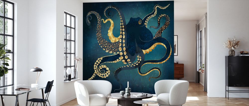 Textures Animals Aquatic Animals Octopus Colors Blue タコ 海 青 ブルーの壁紙 輸入 カスタム壁紙 PHOTOWALL / Metallic Octopus IV (e85325) 貼ってはがせるフリース壁紙(不織布) 【海外取寄せ商品】 【代引き・後払い不可】 2