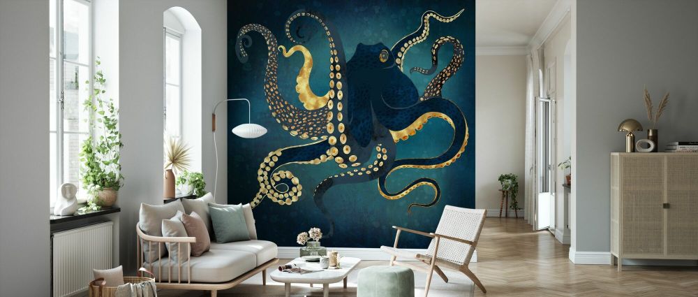 Textures Animals Aquatic Animals Octopus Colors Blue タコ 海 青 ブルーの壁紙 輸入 カスタム壁紙 PHOTOWALL / Metallic Octopus IV (e85325) 貼ってはがせるフリース壁紙(不織布) 【海外取寄せ商品】 【代引き・後払い不可】 3