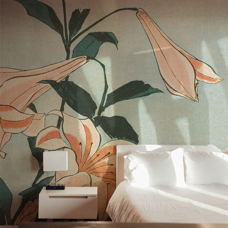 【全品対象クーポン配布中】 花 ユリの壁紙 サイズオーダー ミューラル壁紙 フリース壁紙（のりなし）日本画 葛飾北斎 百合 NSO-N00091