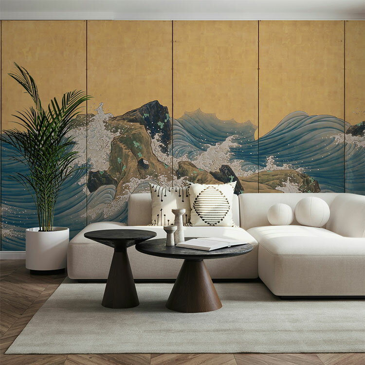 サイズオーダー ミューラル壁紙 フリース壁紙（のりなし） 日本画 山跡鶴嶺 波濤図屏風 NSO-N00131