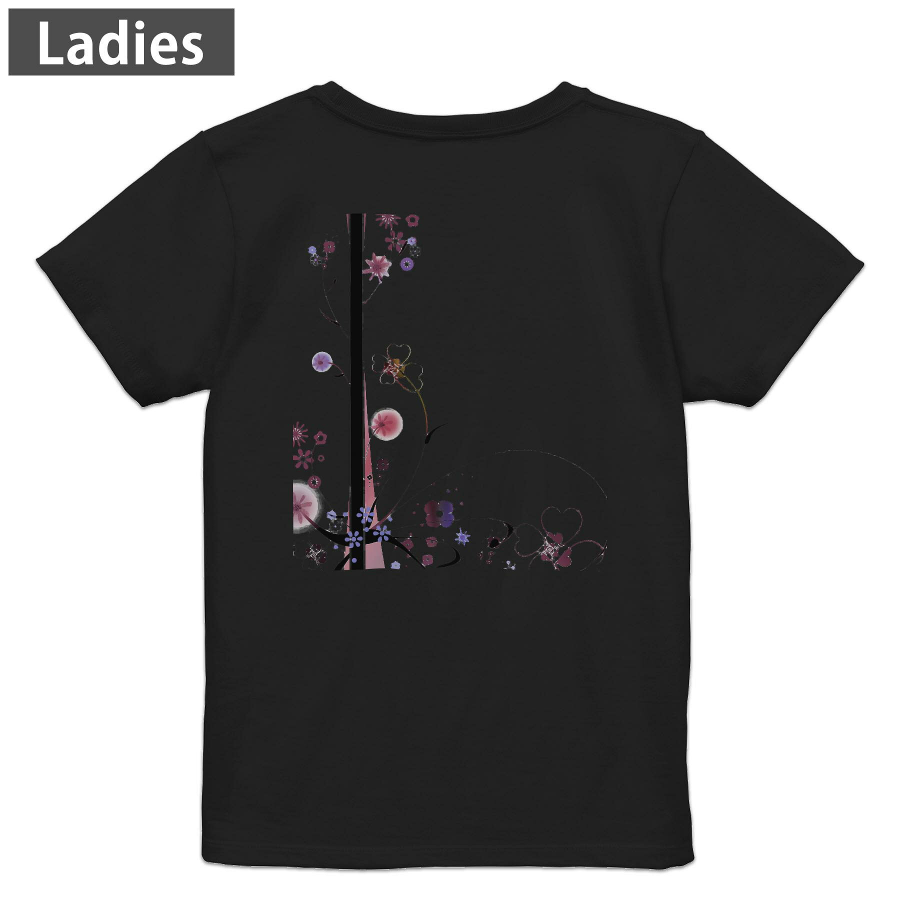 Print - Tシャツ レディース バックプリント 半袖 ブラック 黒 デザイン M L tシャツ ティーシャツ T shirt 000157 お花　花　シンプル