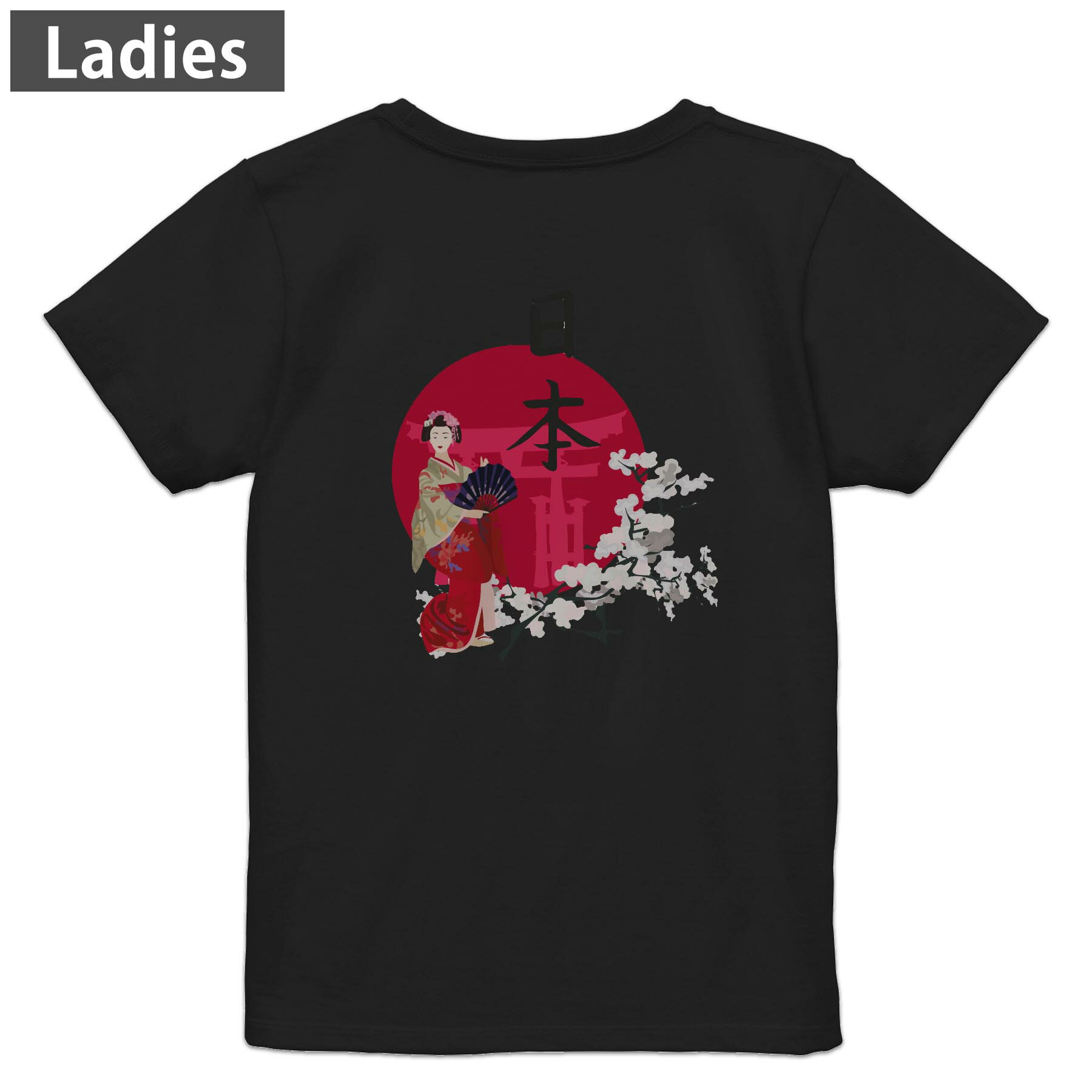 American Casual - Tシャツ レディース バックプリント 半袖 ブラック 黒 デザイン M L tシャツ ティーシャツ T shirt 001136 日本　芸者　桜
