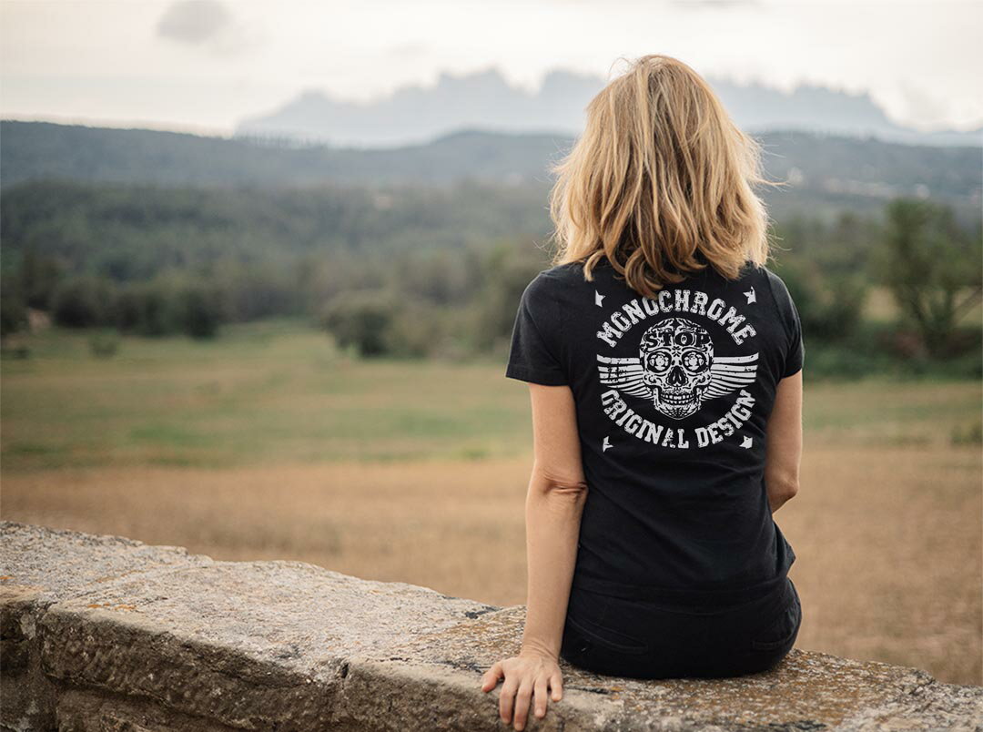 Tシャツ レディース バックプリント 半袖 ブラック 黒 デザイン M L tシャツ ティーシャツ T shirt 009435 英語　ドクロ　星