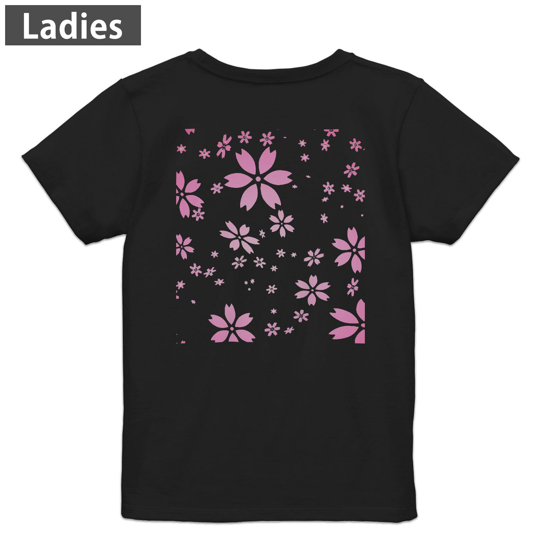 Tシャツ レディース バックプリント 半袖 ブラック 黒 デザイン M L tシャツ ティーシャツ T shirt 002611 花 桜 ピンク