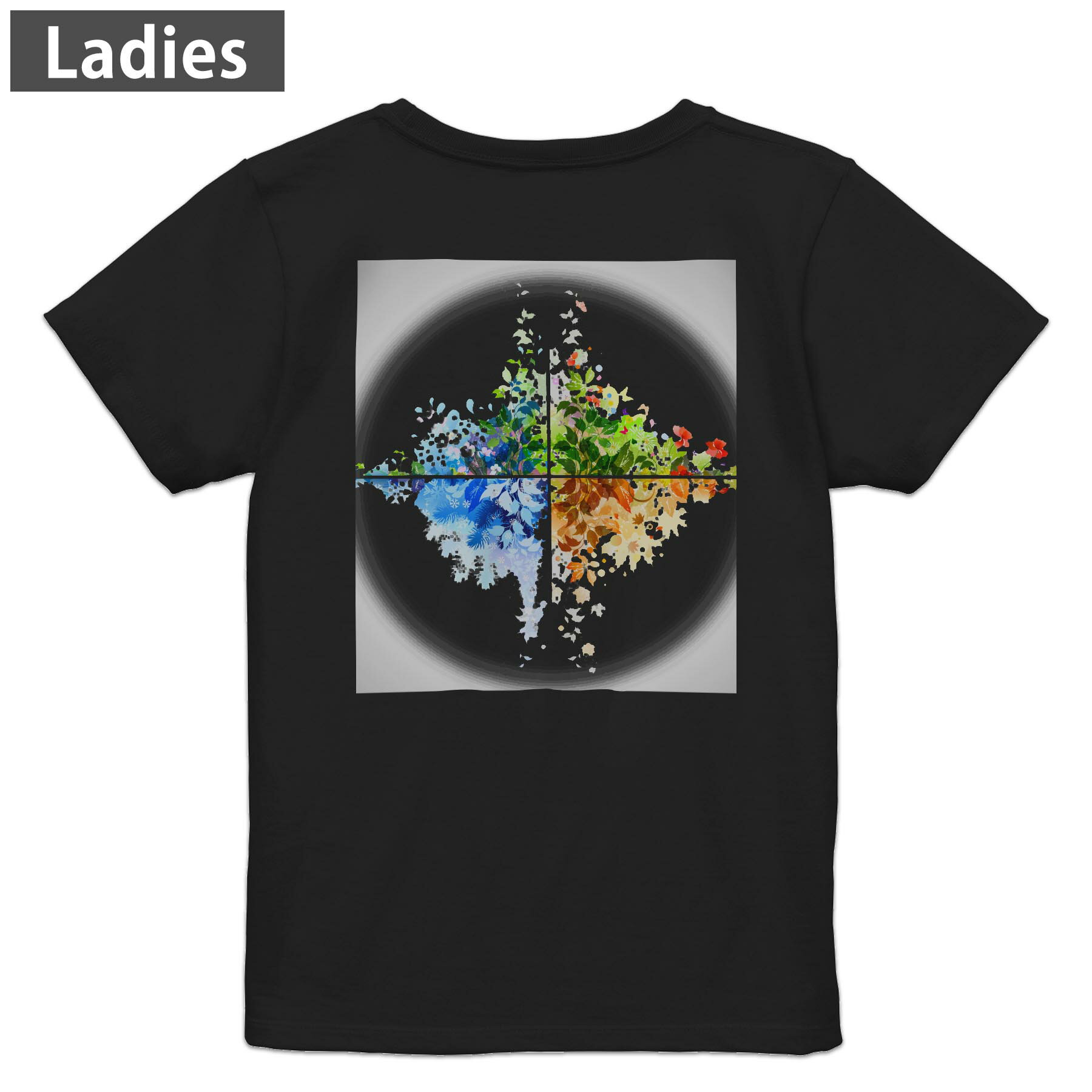Print - Tシャツ レディース バックプリント 半袖 ブラック 黒 デザイン M L tシャツ ティーシャツ T shirt 002636 花　　カラフル