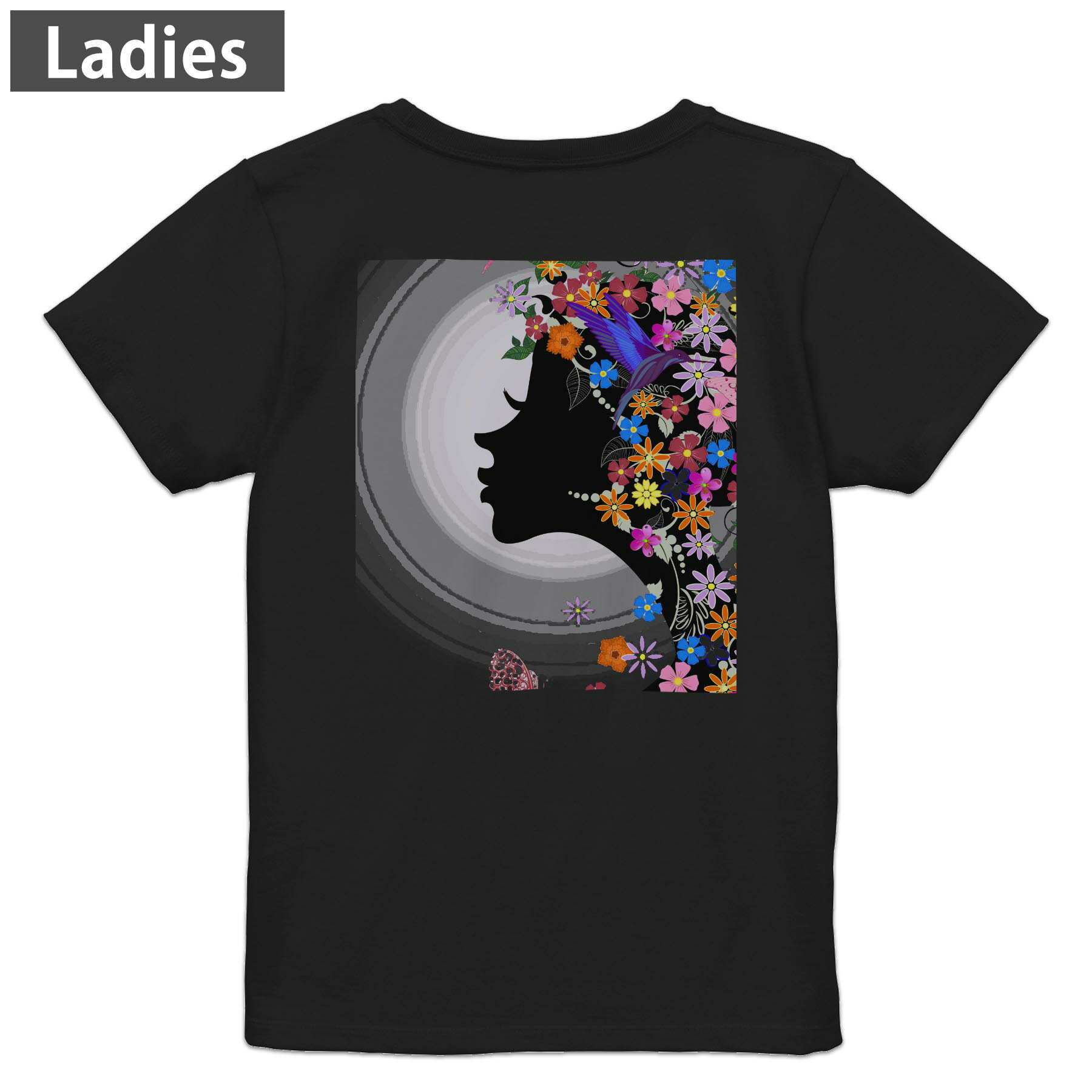 印花 - Tシャツ レディース バックプリント 半袖 ブラック 黒 デザイン M L tシャツ ティーシャツ T shirt 003478 人物　花　カラフル