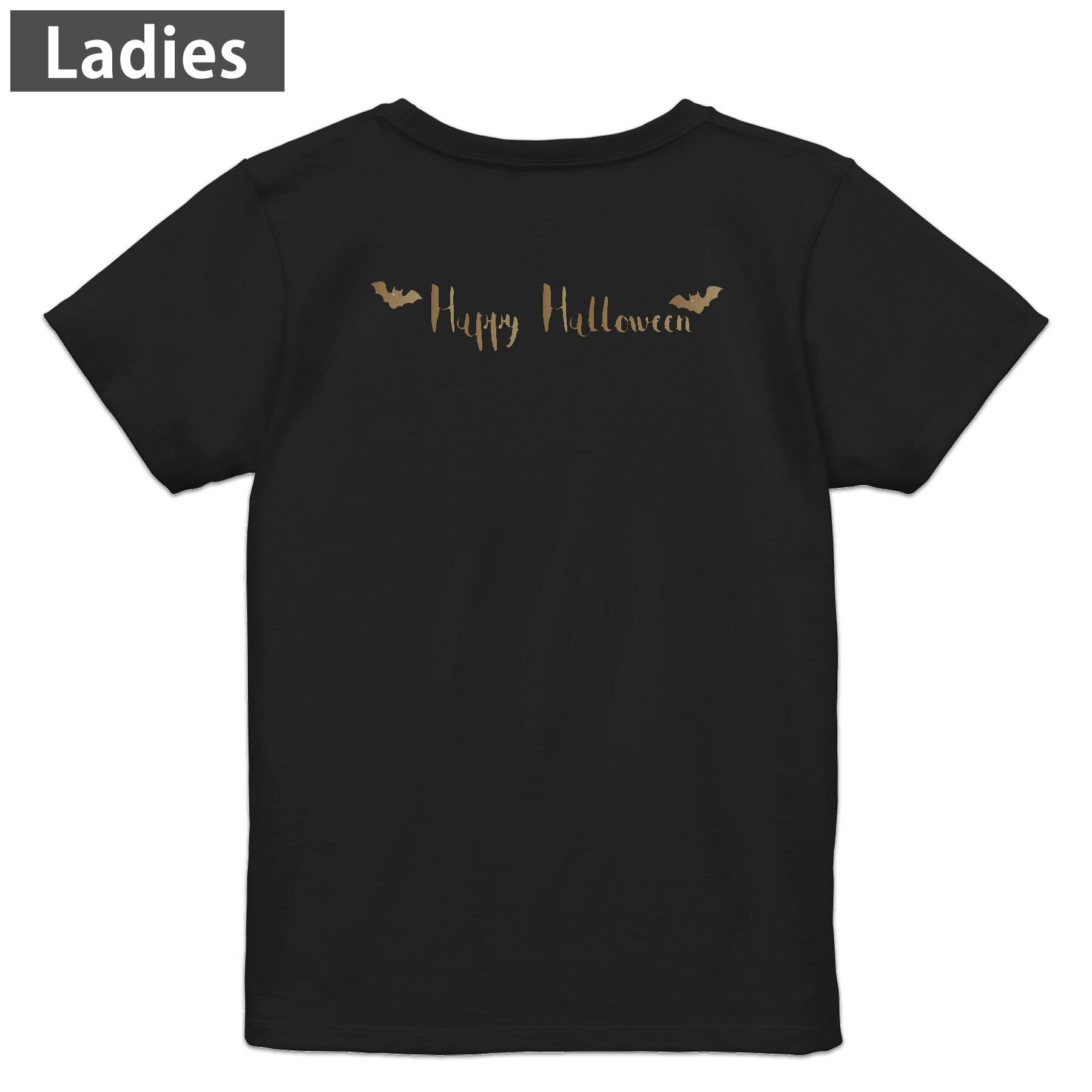 Tシャツ レディース バックプリント 半袖 ブラック 黒 デザイン M L tシャツ ティーシャツ T shirt 020002 happy halloween 文字
