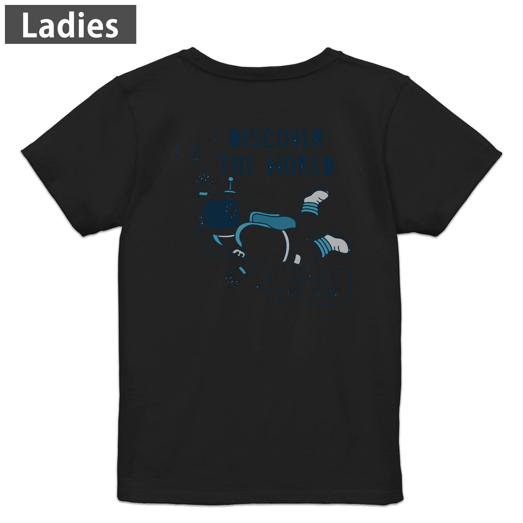 Print - Tシャツ レディース バックプリント 半袖 ブラック 黒 デザイン M L tシャツ ティーシャツ T shirt 020084 宇宙 かわいい ロケット