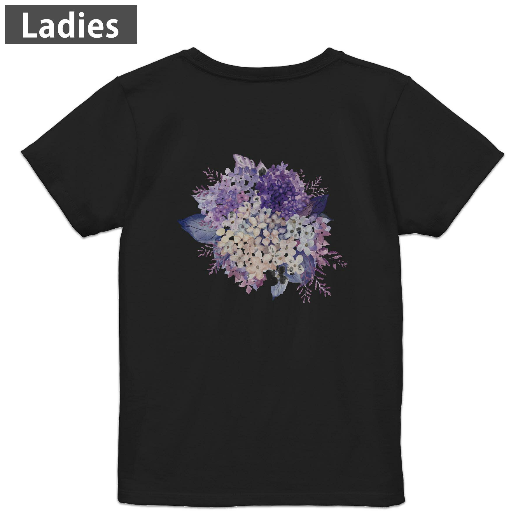 Tシャツ レディース バックプリント 半袖 ブラック 黒 デザイン M L tシャツ ティーシャツ T shirt 022601 紫陽花 あじさい