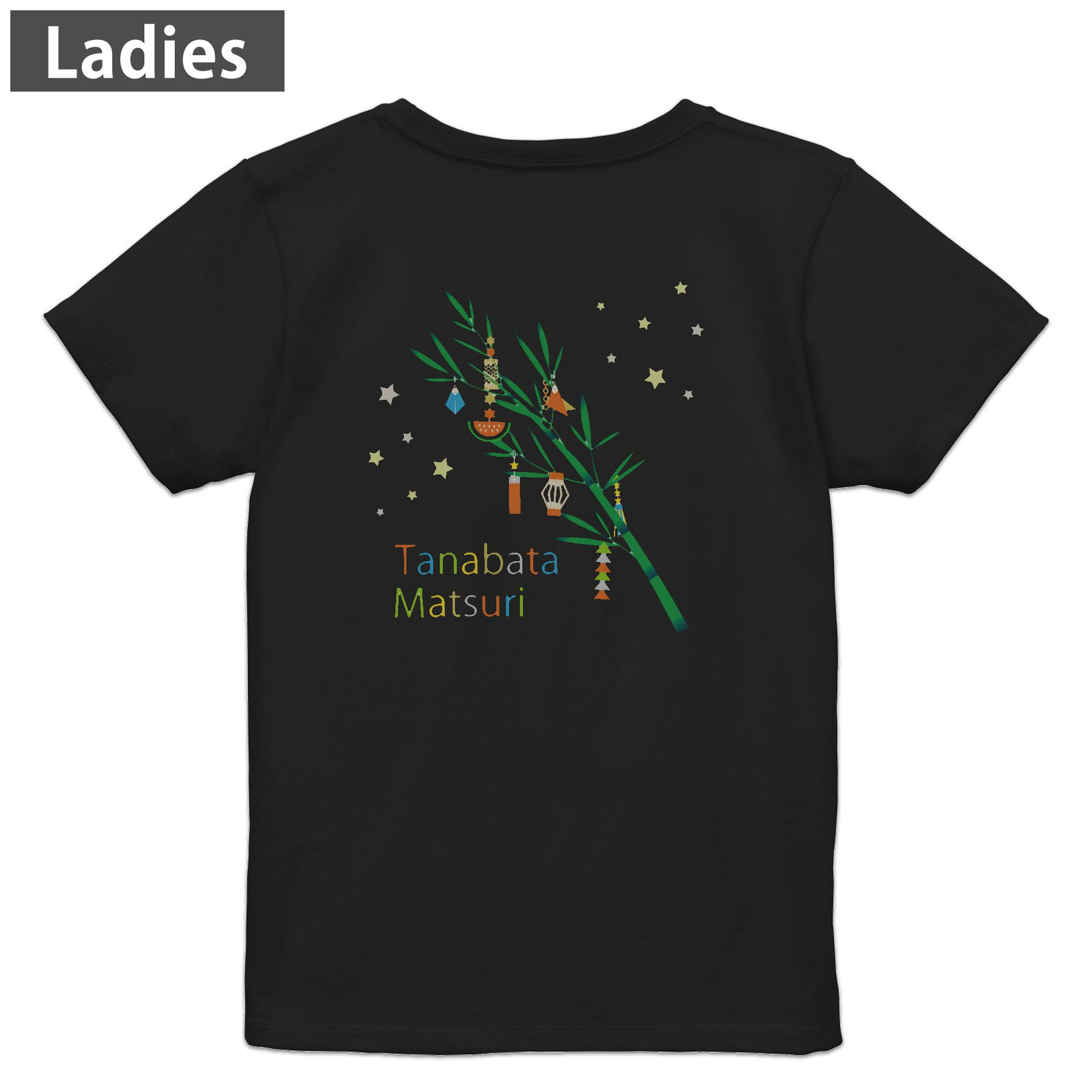 Tシャツ レディース バックプリント 半袖 ブラック 黒 デザイン M L tシャツ ティーシャツ T shirt 022708 七夕 笹