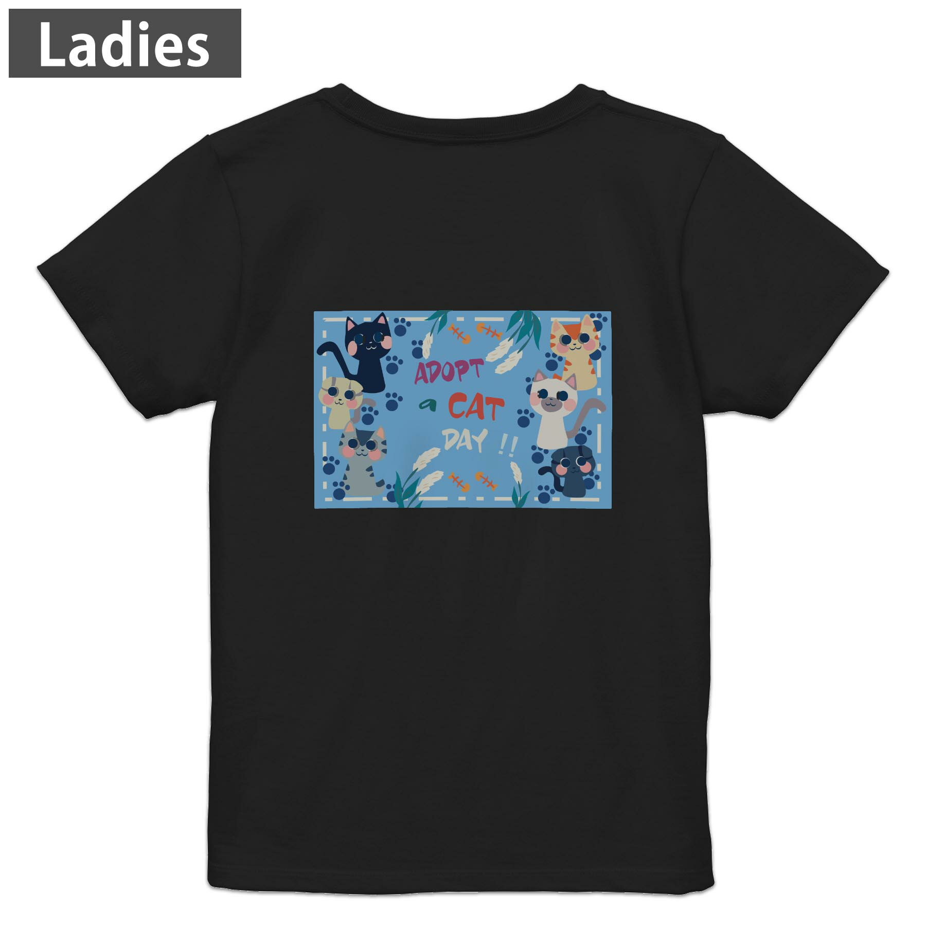 Print - Tシャツ レディース バックプリント 半袖 ブラック 黒 デザイン M L tシャツ ティーシャツ T shirt 022809 猫 かわいい