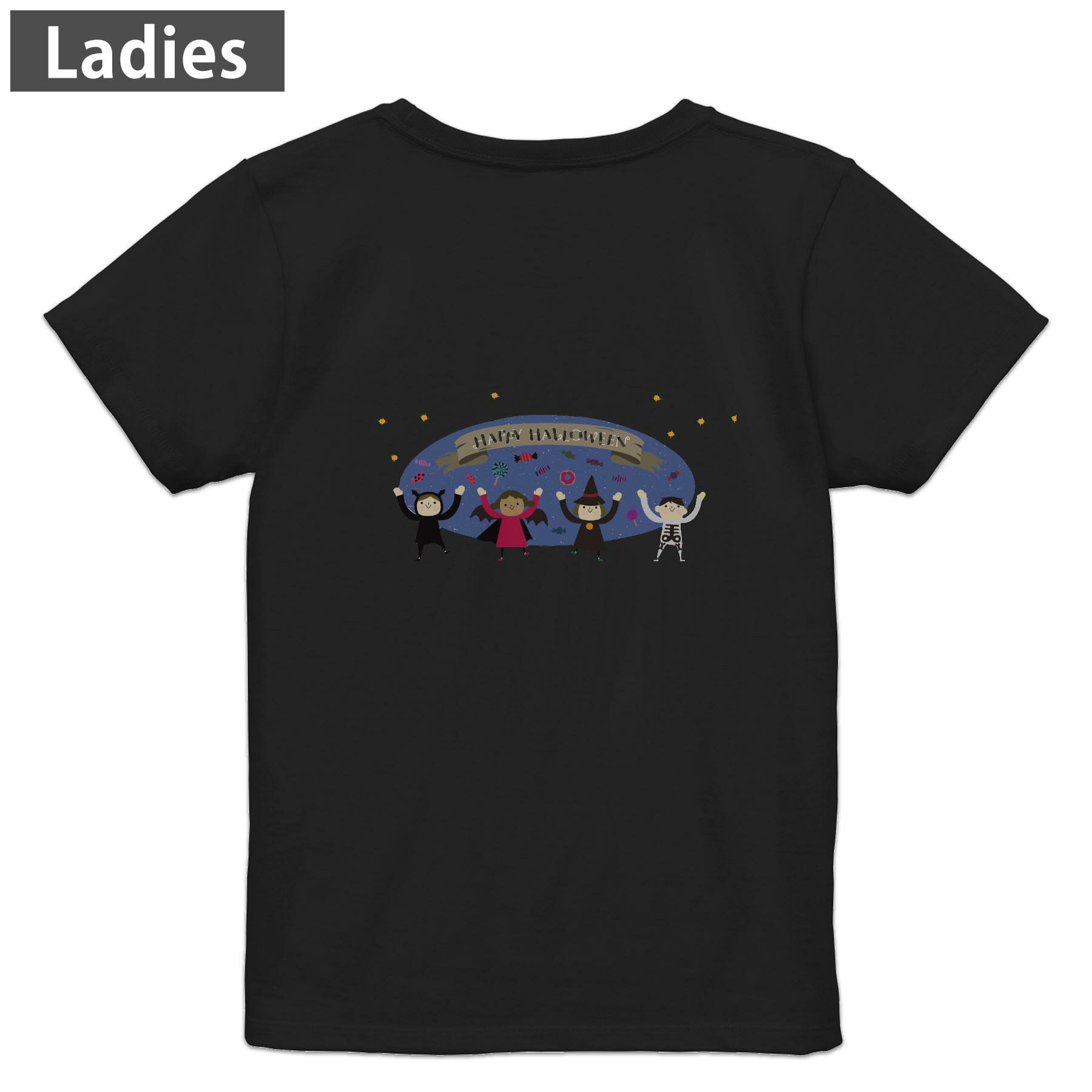 Tシャツ レディース バックプリント 半袖 ブラック 黒 デザイン M L tシャツ ティーシャツ T shirt 026126 子供 kids Halloween