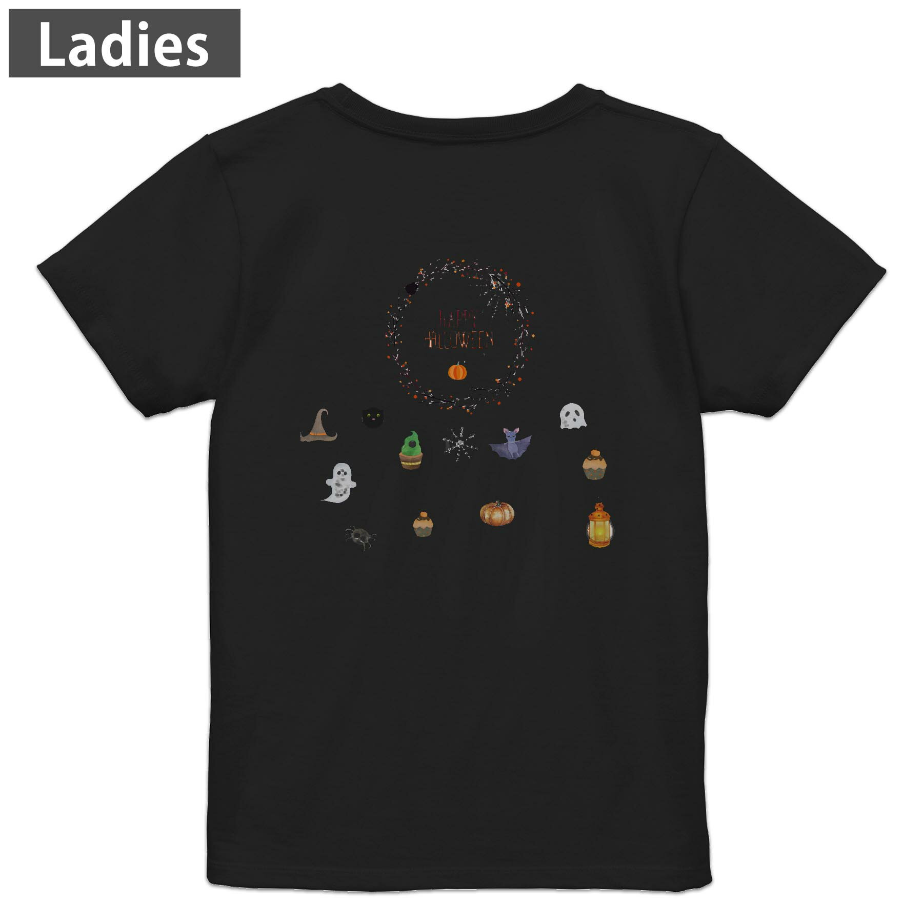Print - Tシャツ レディース バックプリント 半袖 ブラック 黒 デザイン M L tシャツ ティーシャツ T shirt 026129 おばけ カラフル　Halloween